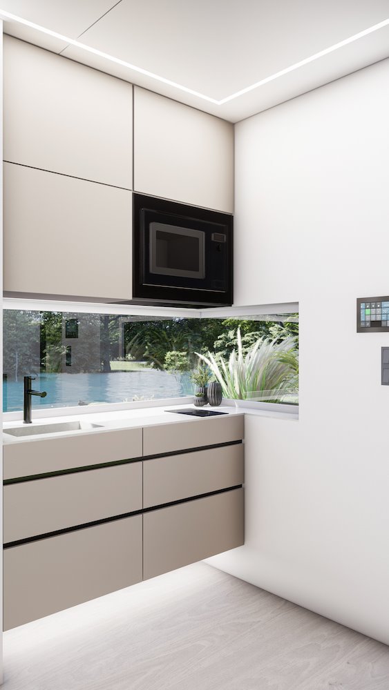 La cocina suspendida está totalmente equipada, incluyendo electrodomésticos de la serie IQ de la prestigiosa marca Siemens.