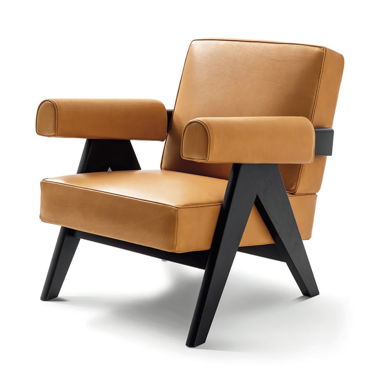 sillón le corbusier piel marrón claro y madera oscura