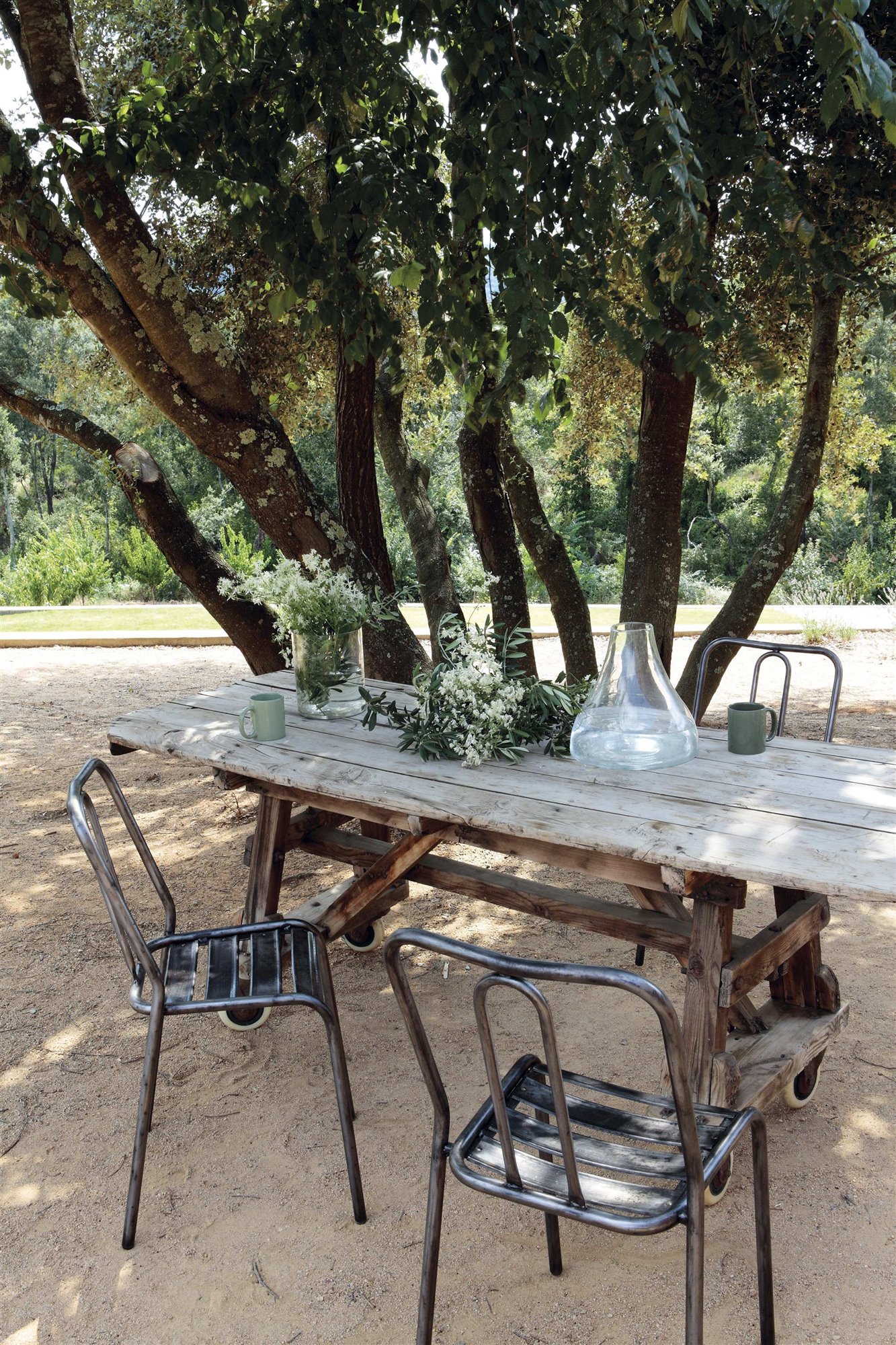 jardín y árbol con mesa de comedor de madera y sillas de metal