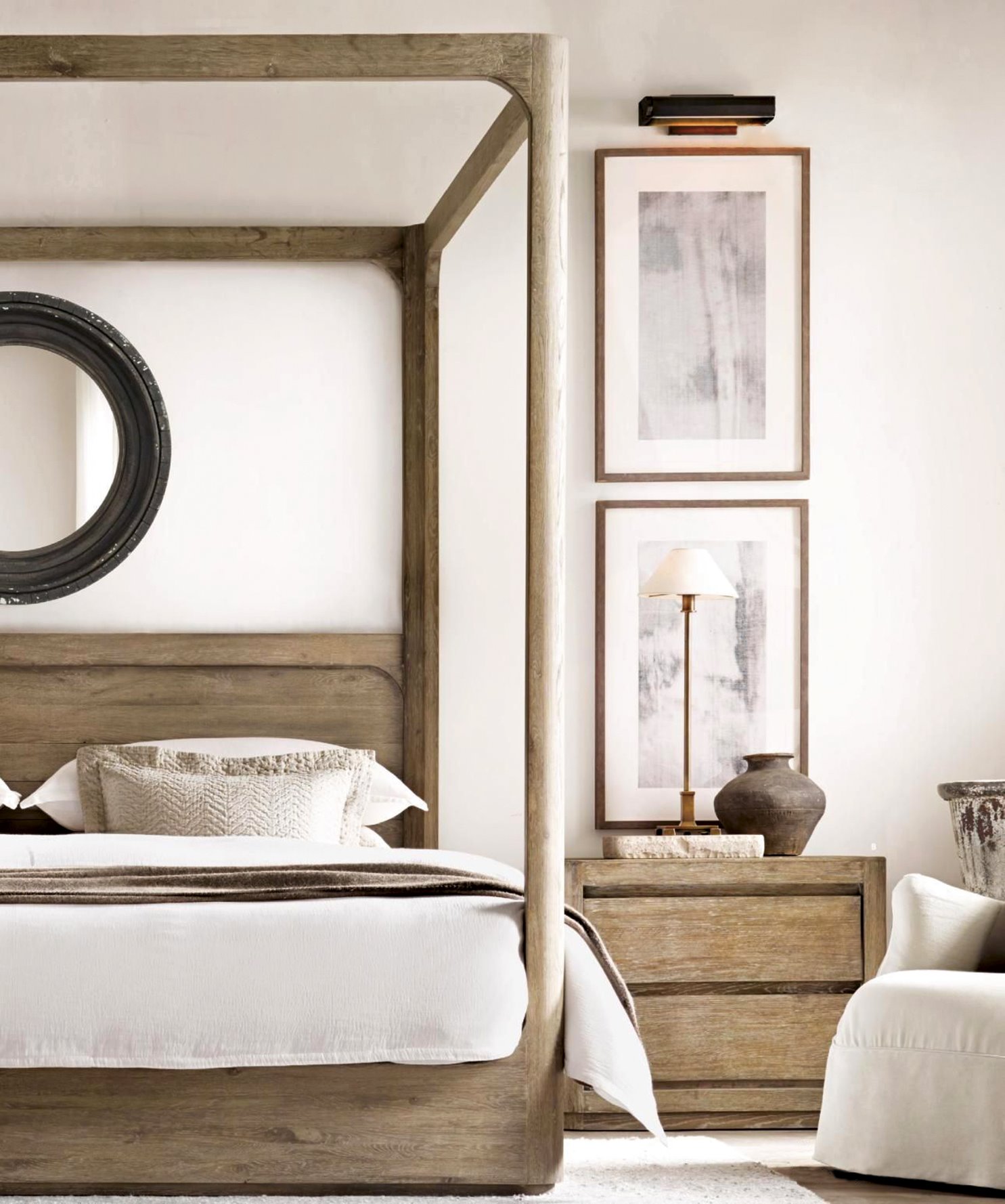 dormitorio blanco minimalista de madera cama con dosel