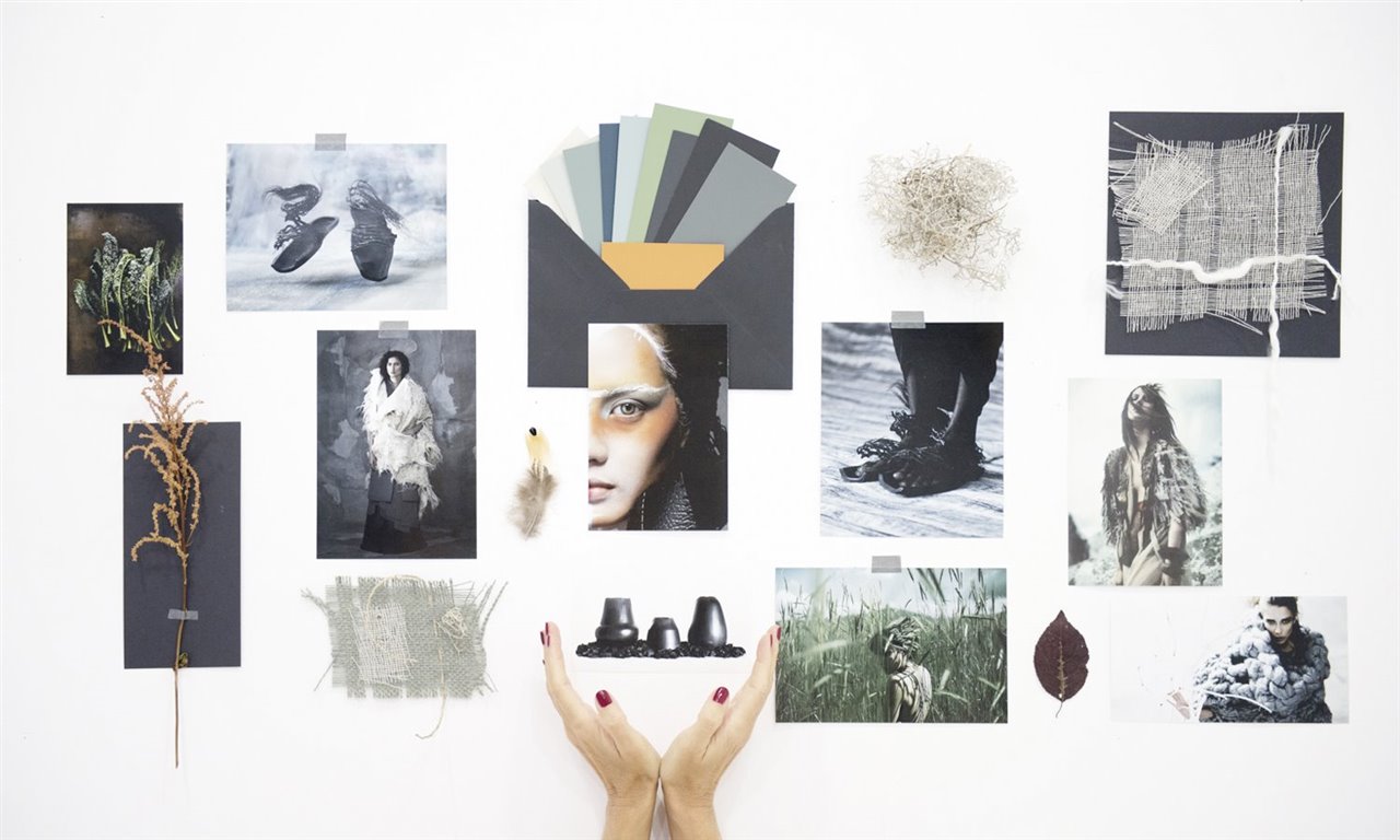 Un moodboard o panel de tendencias es collage inspiracional basado en imágenes, telas, colores, frases, bocetos y texturas