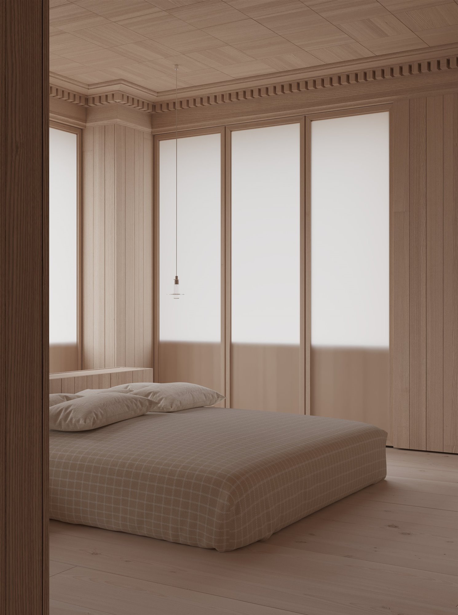 Piso con decoracion minimalista dormitorio con cama