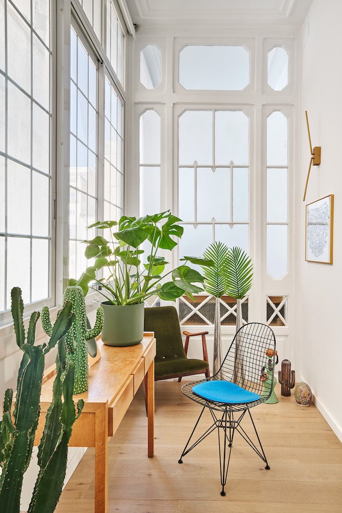 casa the bruc cometa architects galeria-con-ventanales-en-barcelona-con plantas-escritorio-y-silla