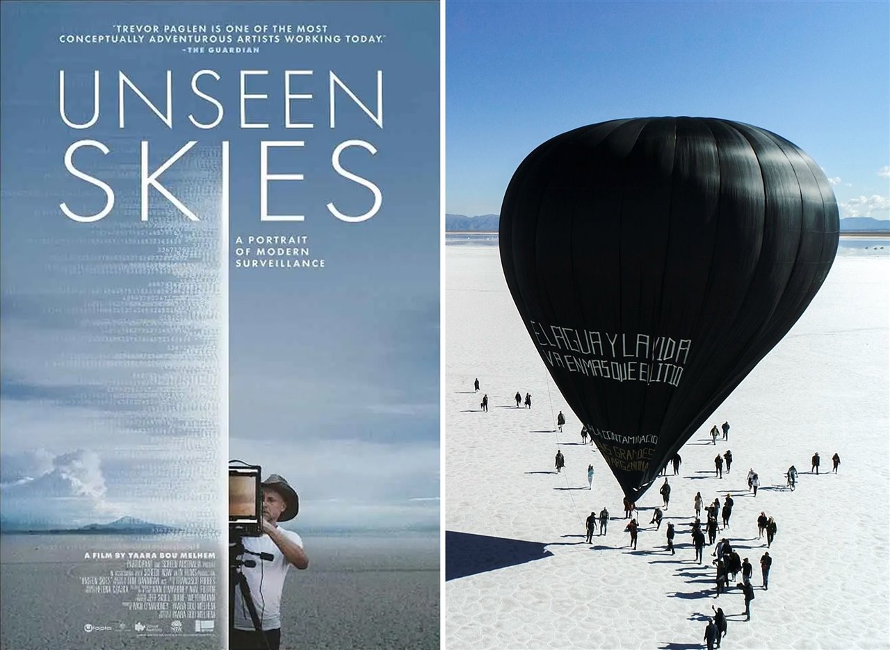 Póster de la película sobre Trevor Paglen y un momento de la dedicada a Tomás Saraceno. 
