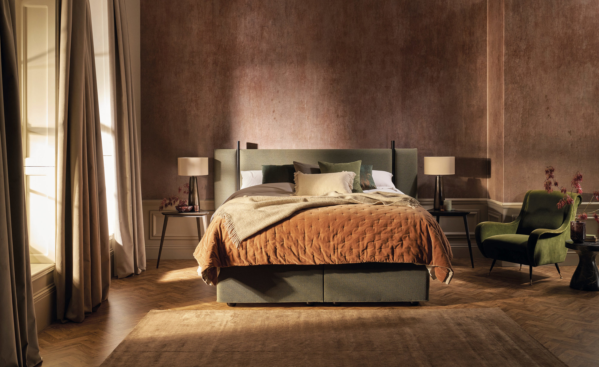 Vispring Opulence mattress with Viceroy divan and Gate headboard in Moss Olive 9 HR