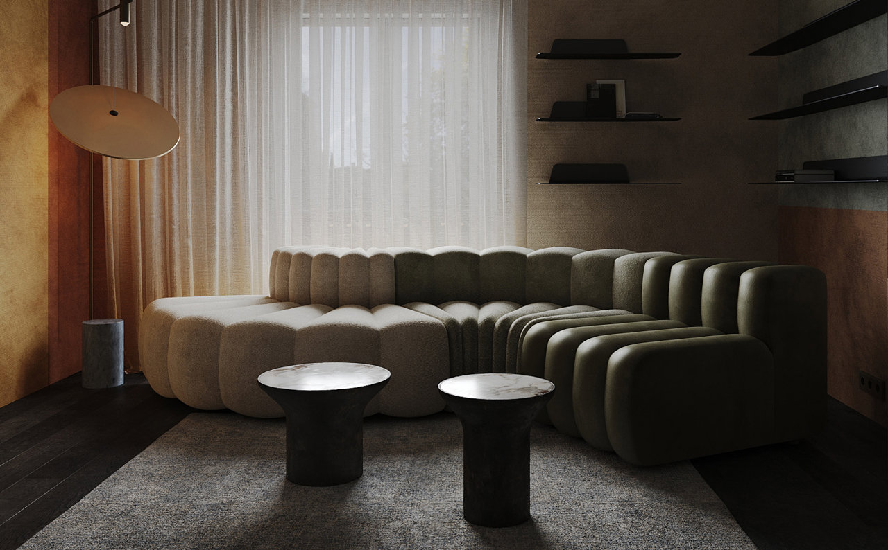 El sofá modular y la textura de las paredes forman un tête à tête decorativo inesperado e impactante.