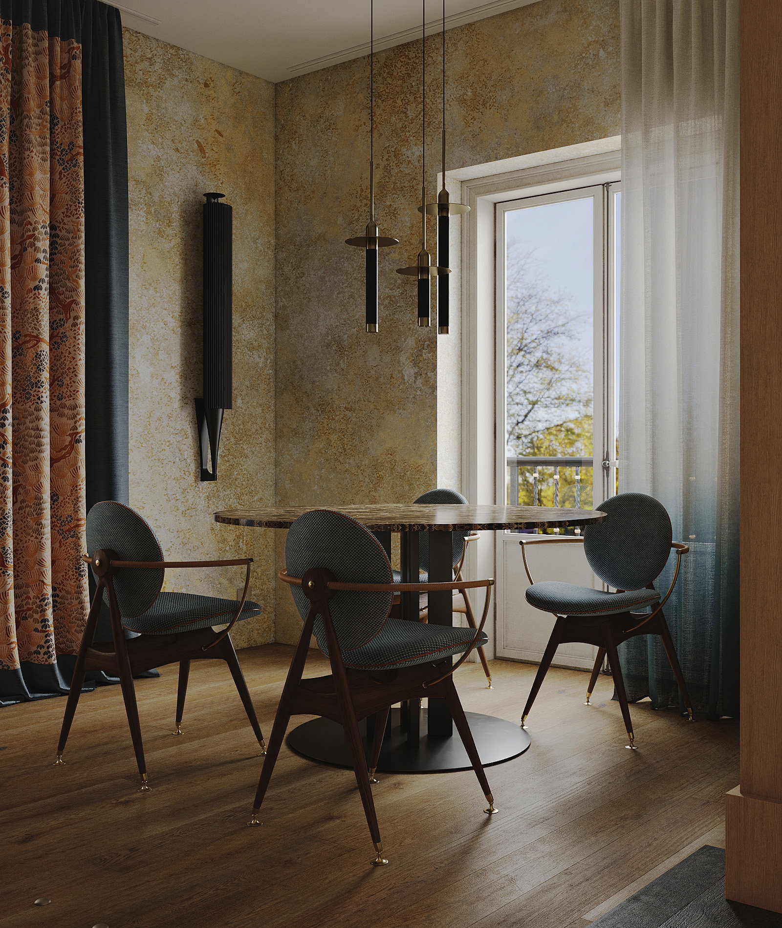 Las sillas Circle de Overgaard & Dyrman aportan un juego de geometrías y materiales: cada silla es altamente personalizable, con asiento y respaldo de cuero o tela, apoyabrazos de cordón de cuero o hilo de latón y estructura de roble o nogal. En la pared, a modo de escultura, el sistema de sonido Beolab 18 de Bang &Olufsen, en alumino negro.