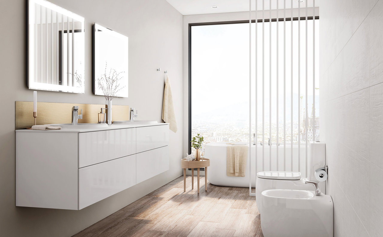 Mueble Unik, base con cuatro cajones y lavabo doble de SURFEX®, de la colección Beyond, de Roca
