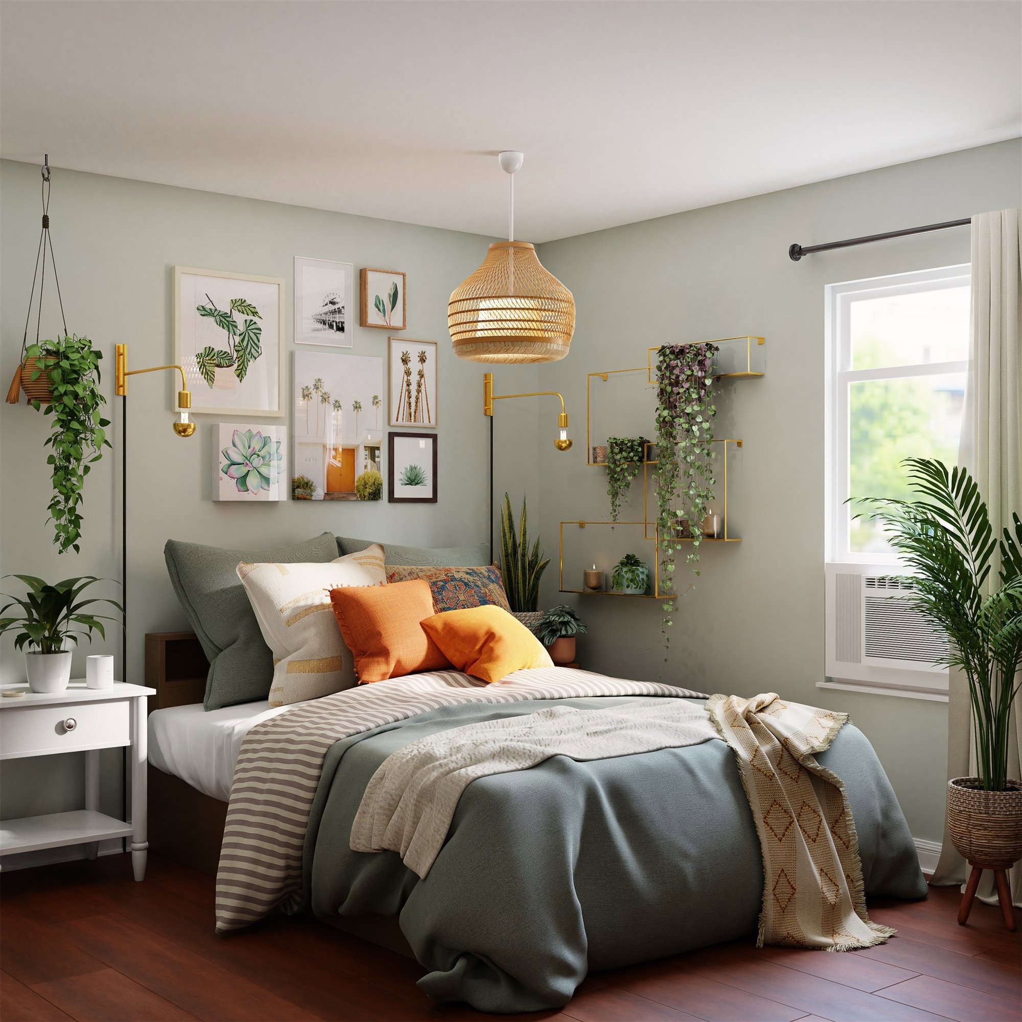 Dormitorio con plantas e imágenes con motivos naturales.