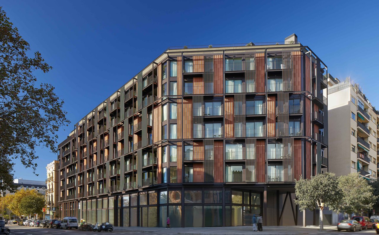 Fachada del edificio de apartamentos Archie en el centro de Barcelona