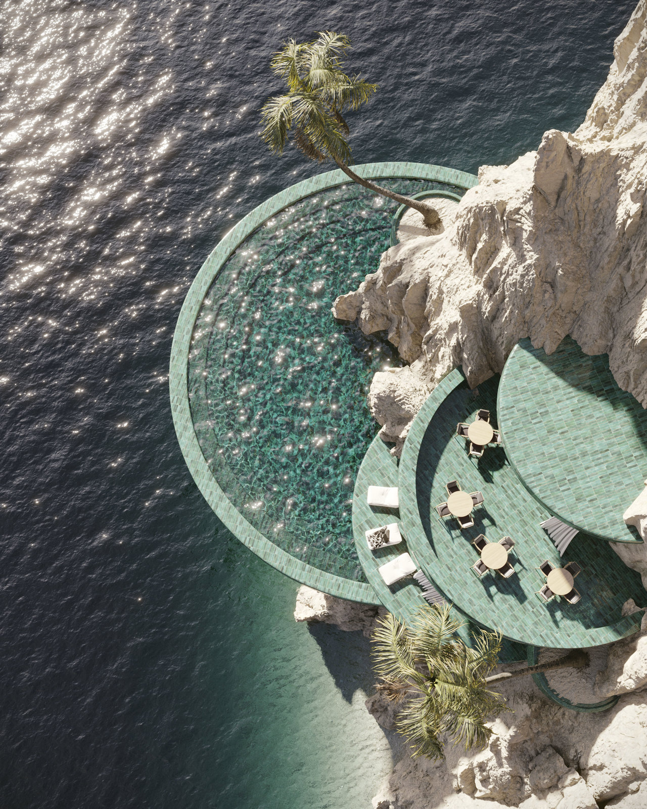 Hotel del Mar, con diseño y visualización de The Line Visualization, geográficamente imaginado en la isla griega de Zante