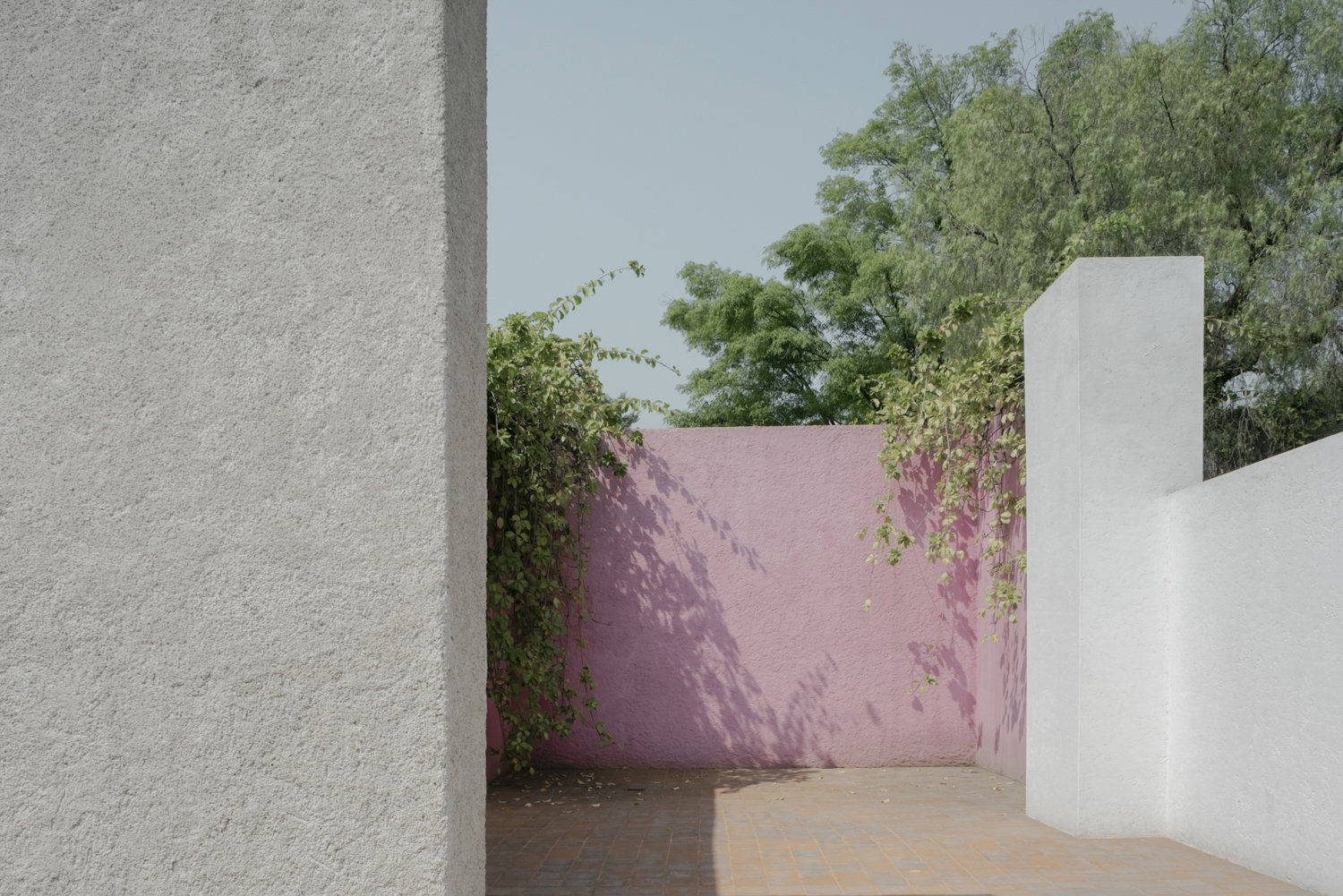 Patio con fachada en color rosa del arquitecto mexicano Luis Barragan